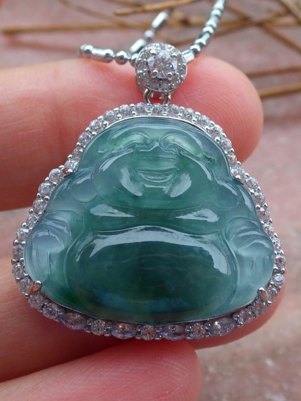 Certified Sterling Silver 925 Natural A Hand Carved Jade Jadeite Buddha Pendant